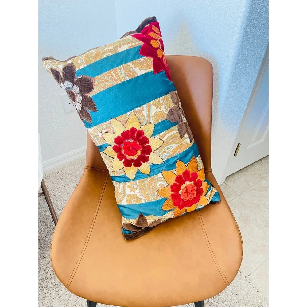 Pier One Decorative Throw Pillow Floral Embroidered Teal Red Gold Boho Vintage